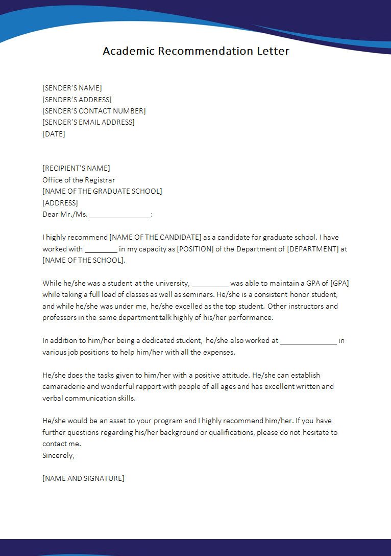 Academic Letter of Recommendation Template