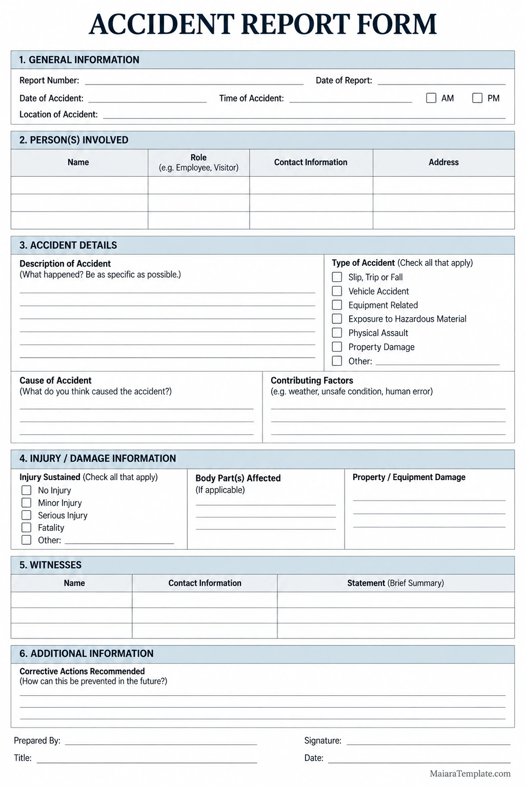 Printable accident report form template with sections for incident details, people involved, injuries, property damage, witnesses, and corrective actions