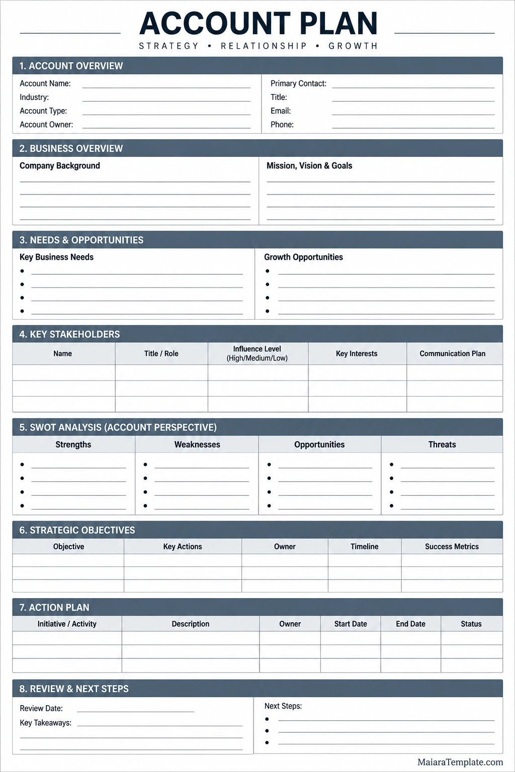 Account Plan Template Printable account plan template with account overview, business needs, key stakeholders, SWOT analysis, strategic objectives, action plan, and review sections