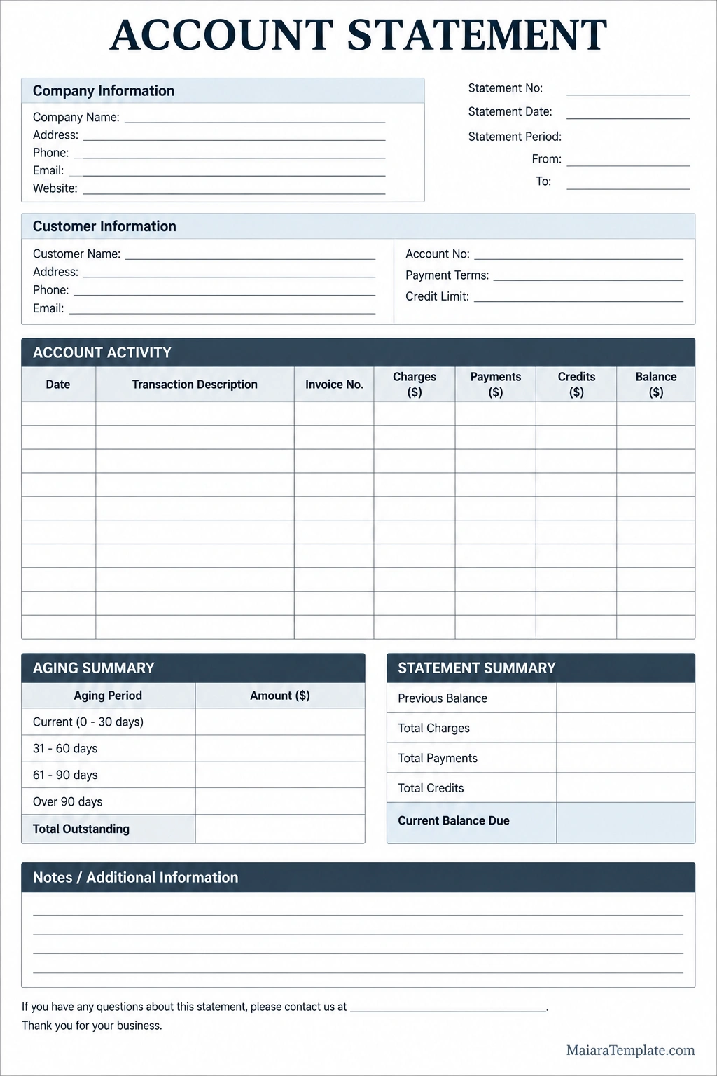 Account Statement Template Printable account statement template with customer information, statement period, transaction dates, descriptions, charges, payments, and outstanding balance