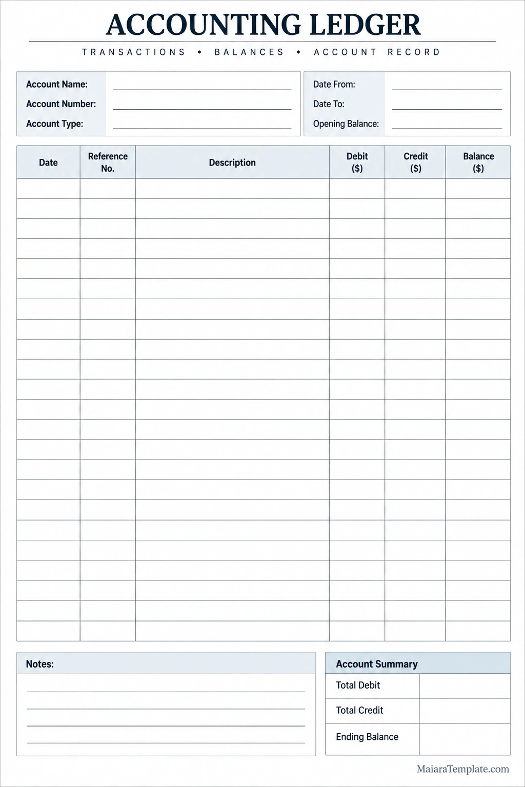 Printable accounting ledger template with account information, transaction dates, reference numbers, debit, credit, balance columns, and account summary