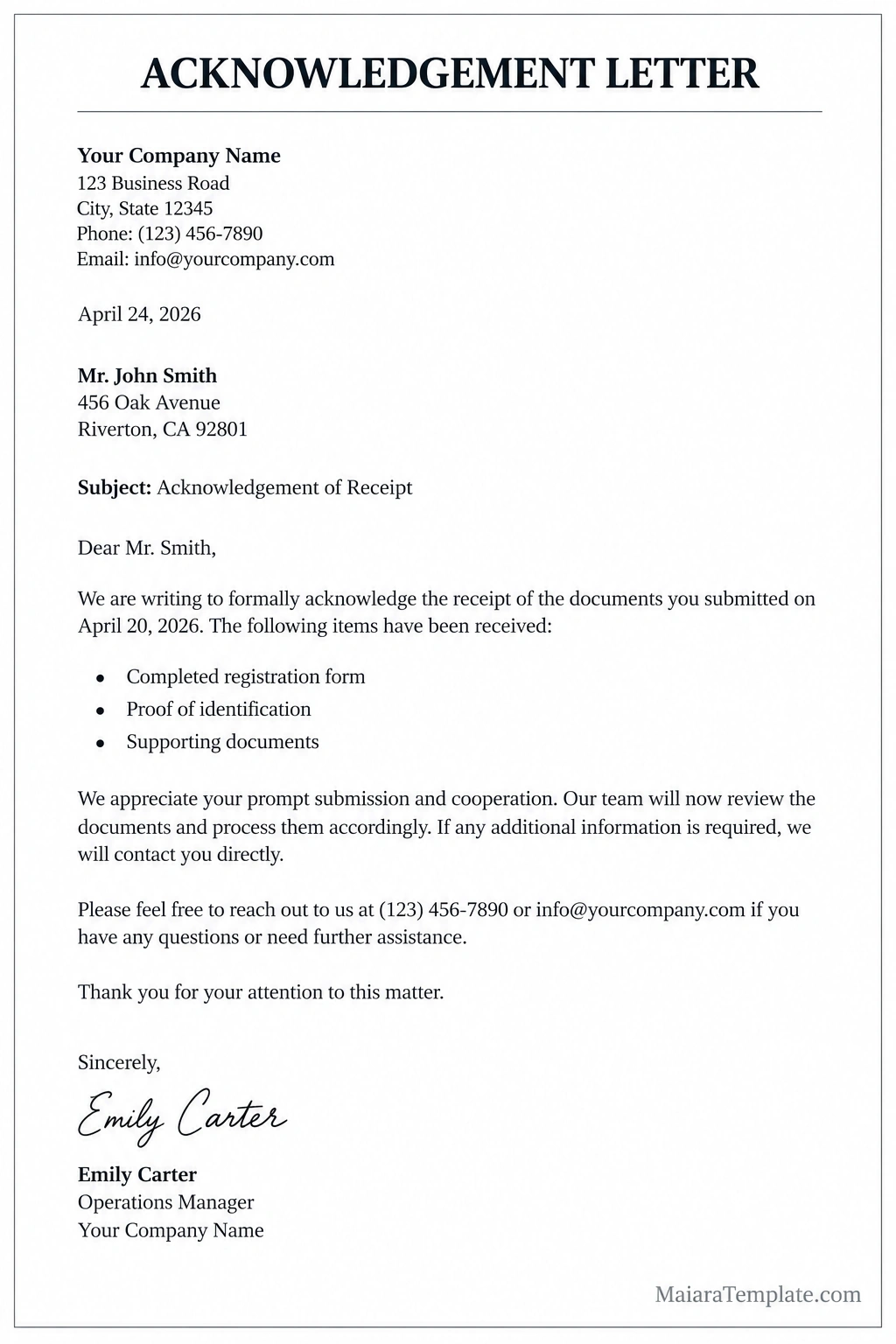 Acknowledgement Letter Template Professional acknowledgement letter sample confirming receipt of documents with a date, recipient details, subject line, formal message, and signature