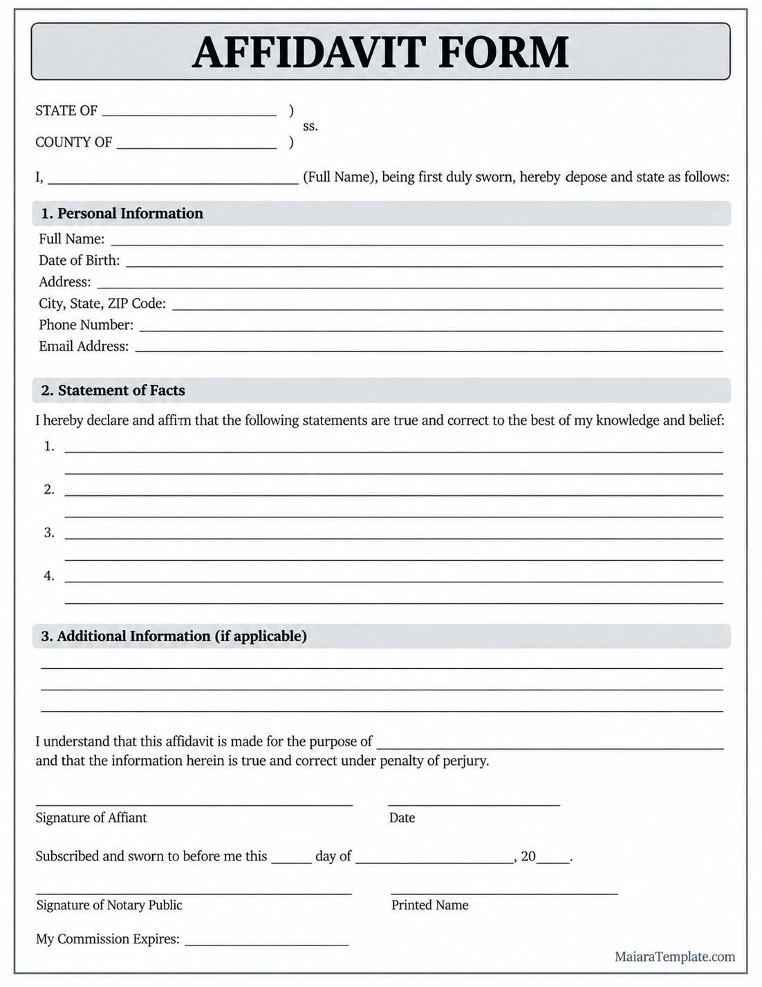 Affidavit Form Affidavit form template with personal information, statement of facts, signature, and notary sections