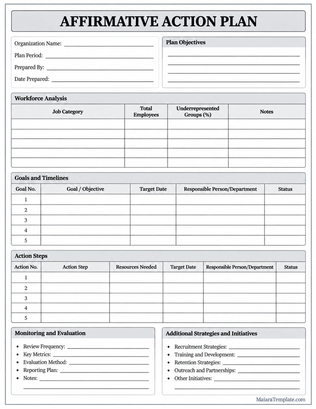 Affirmative Action Plan Template Affirmative action plan template with workforce analysis, goals, action steps, and monitoring sections