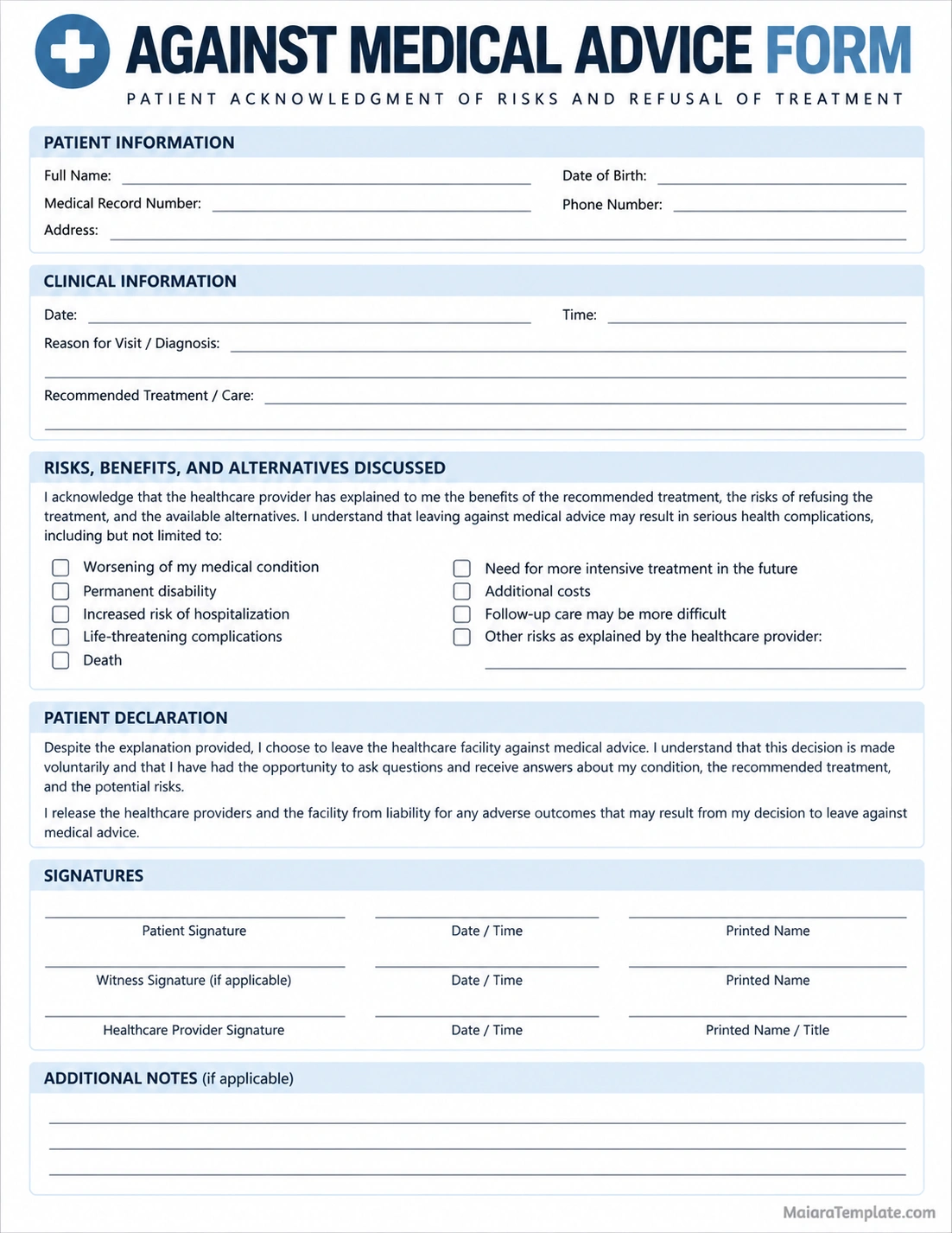 Against medical advice form template for documenting patient information, recommended treatment, risks, alternatives, and signatures