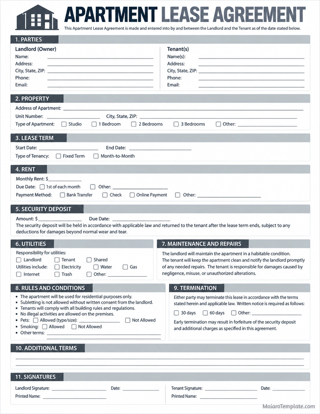 Apartment Lease Agreement Template Apartment lease agreement template with landlord and tenant information, rental terms, monthly rent, security deposit, maintenance rules, and signature fields