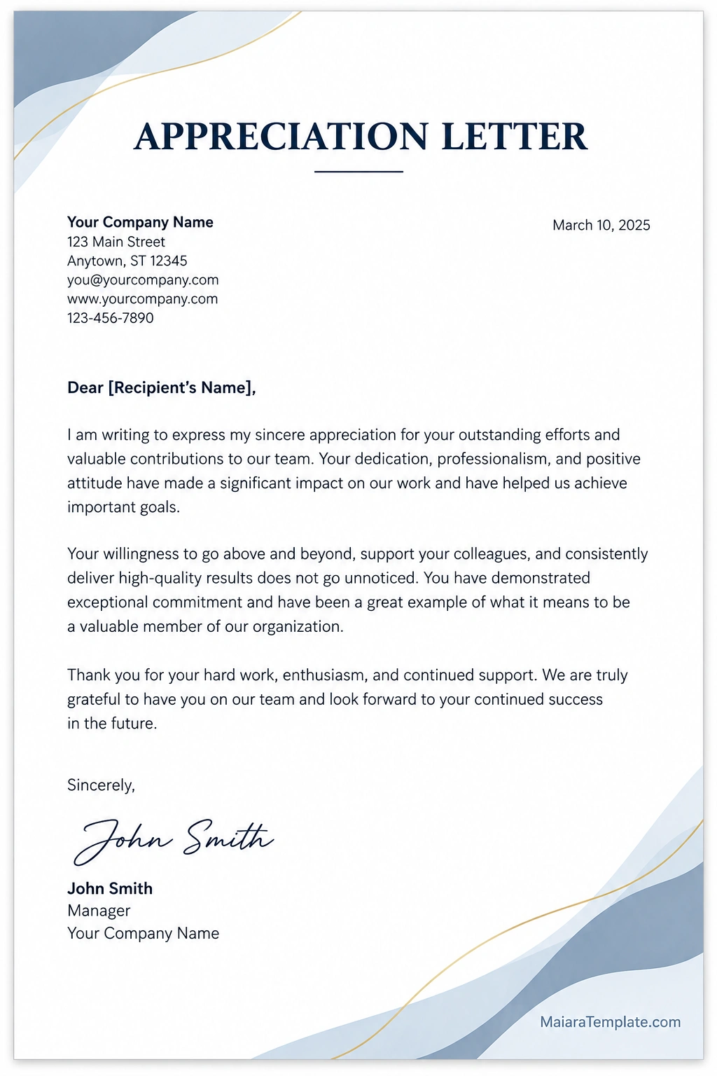 Appreciation Letter Template Professional appreciation letter sample with company contact details, recipient greeting, recognition of valuable contributions, a thank-you message, and a manager's signature.