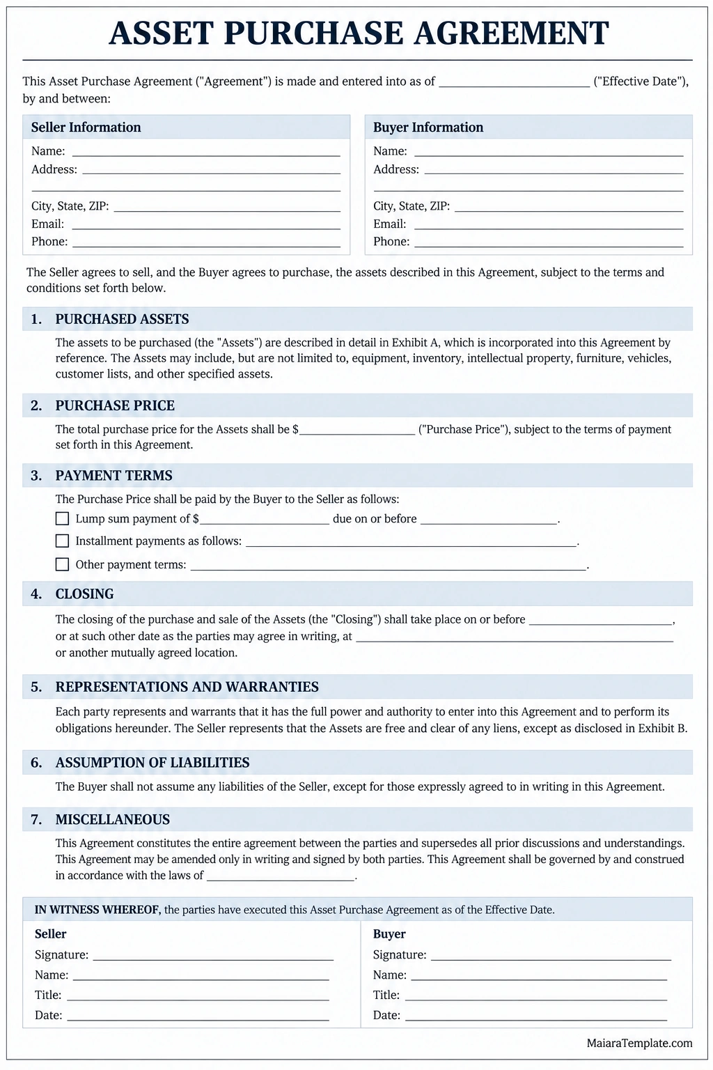 Asset Purchase Agreement Template Printable asset purchase agreement template with seller and buyer details, purchased assets, purchase price, payment terms, closing, representations and warranties, liability provisions, and signature sections.