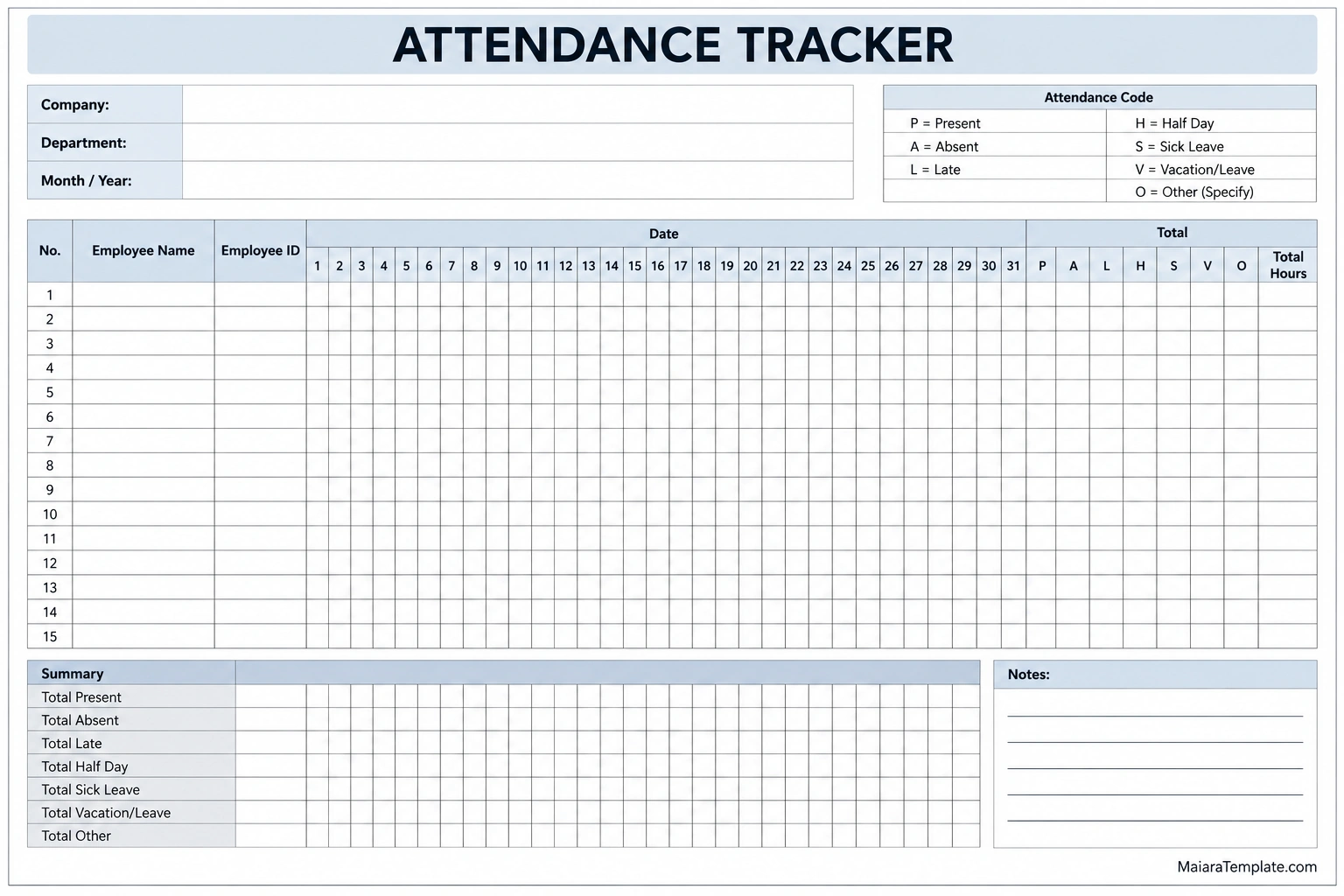 Attendance Tracker Template Printable monthly employee attendance tracker template with company details, employee names and IDs, daily columns for dates 1 to 31, attendance codes, total hours, summary totals, and notes.