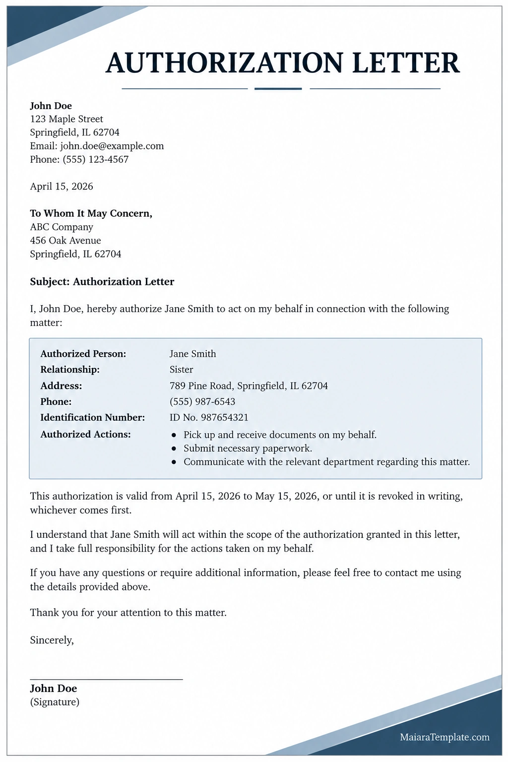 Authorization Letter Template Authorization letter sample with sender details, recipient information, authorized person's details, permitted actions, validity period, and signature section