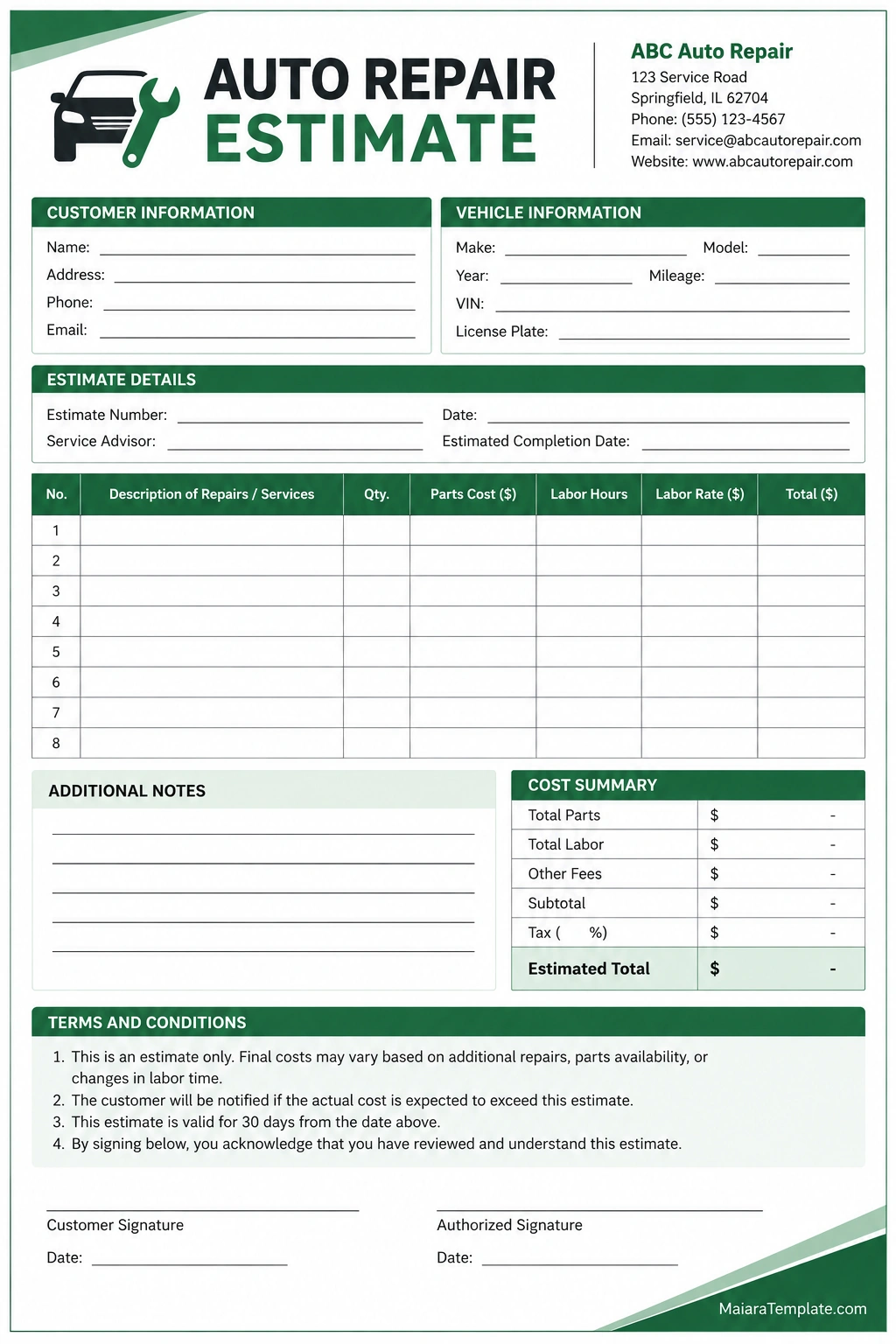 Auto Repair Estimate Template Printable auto repair estimate template in green, black, and white with customer details, vehicle information, parts and labor costs, estimated total, notes, and signature fields