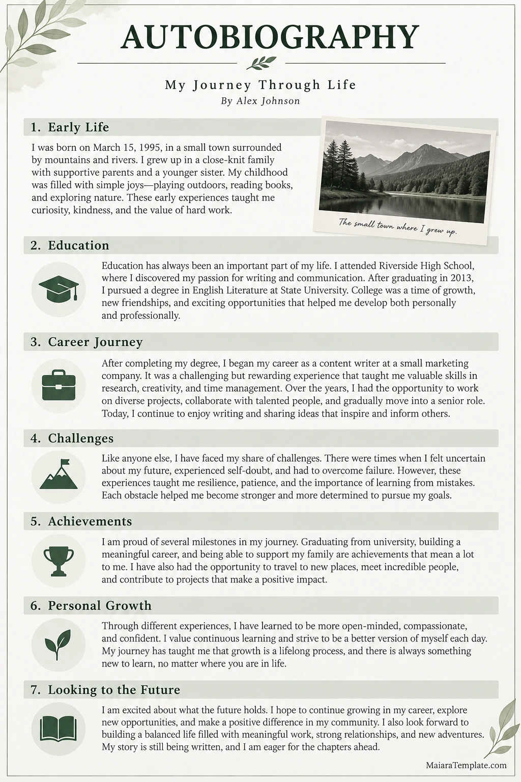 Autobiography Template Autobiography sample page featuring early life, education, career journey, challenges, achievements, personal growth, and future goals in a clean editorial layout