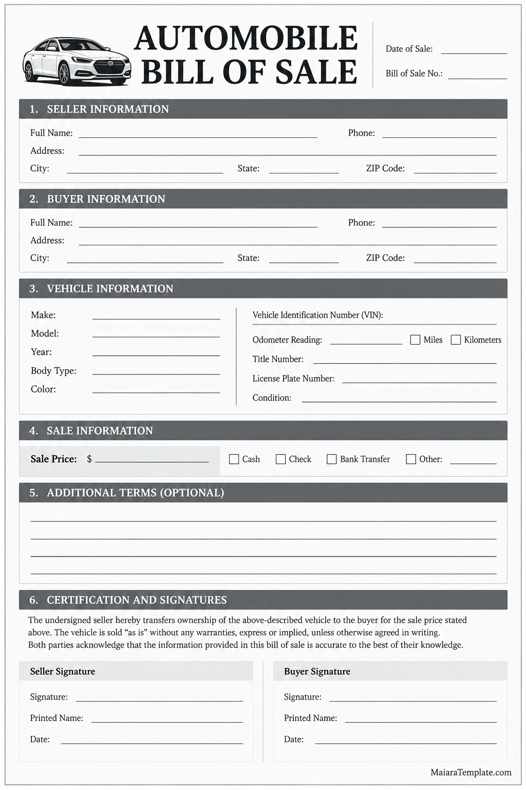 Automobile Bill of Sale Template Printable automobile bill of sale template in black, gray, and white with seller and buyer information, vehicle details, sale price, additional terms, and signature sections