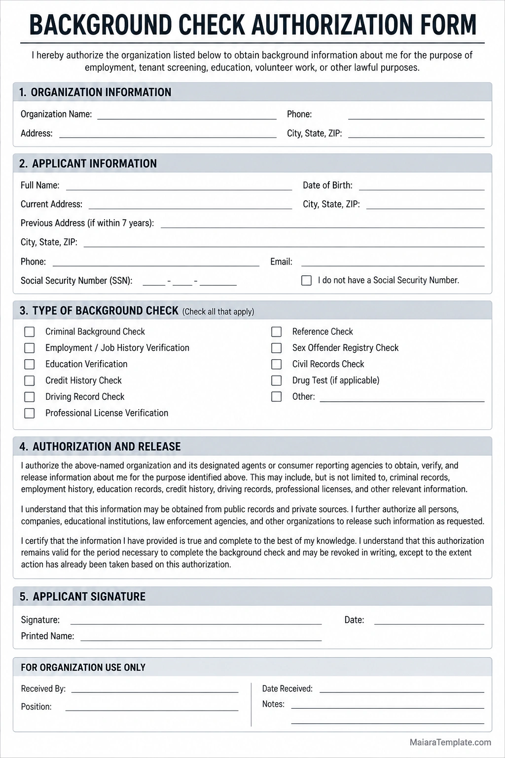 Printable background check authorization form with organization and applicant details, screening options, consent statement, and signature fields
