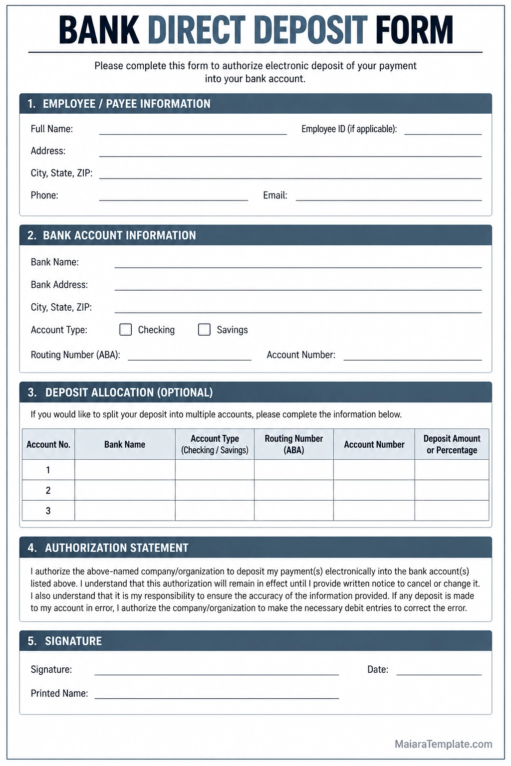 Printable bank direct deposit form template with employee details, bank name, checking or savings account selection, routing number, account number, authorization statement, and signature fields