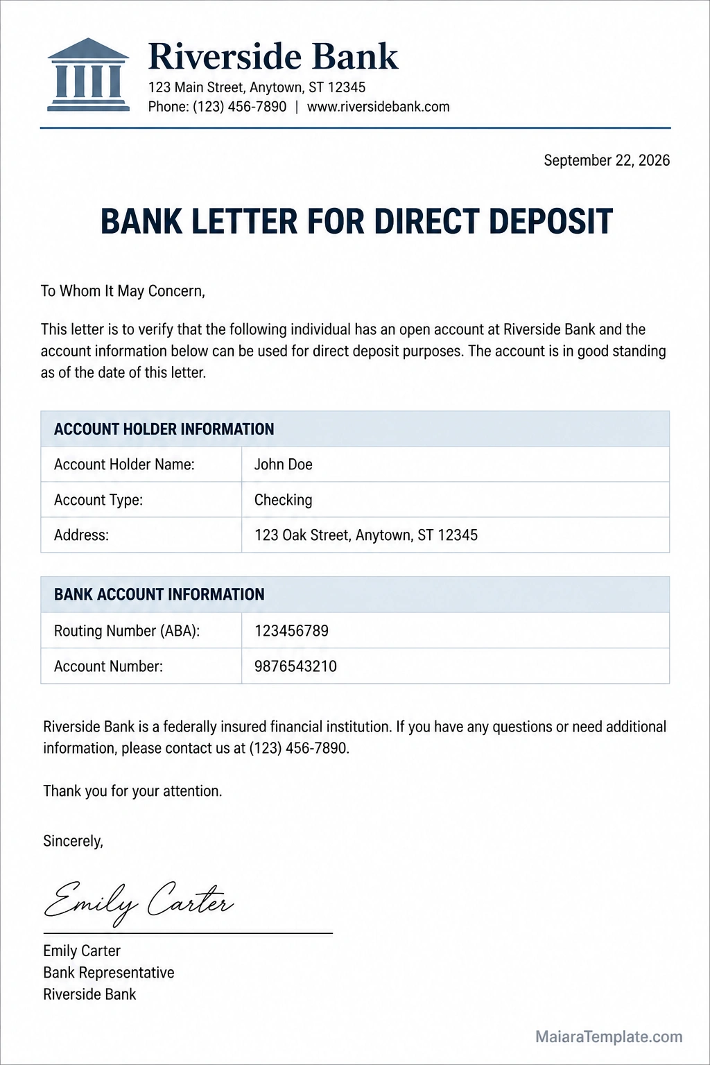 Sample bank letter for direct deposit on official-style letterhead with account holder information, account type, routing number, account number, verification statement, and bank representative signature