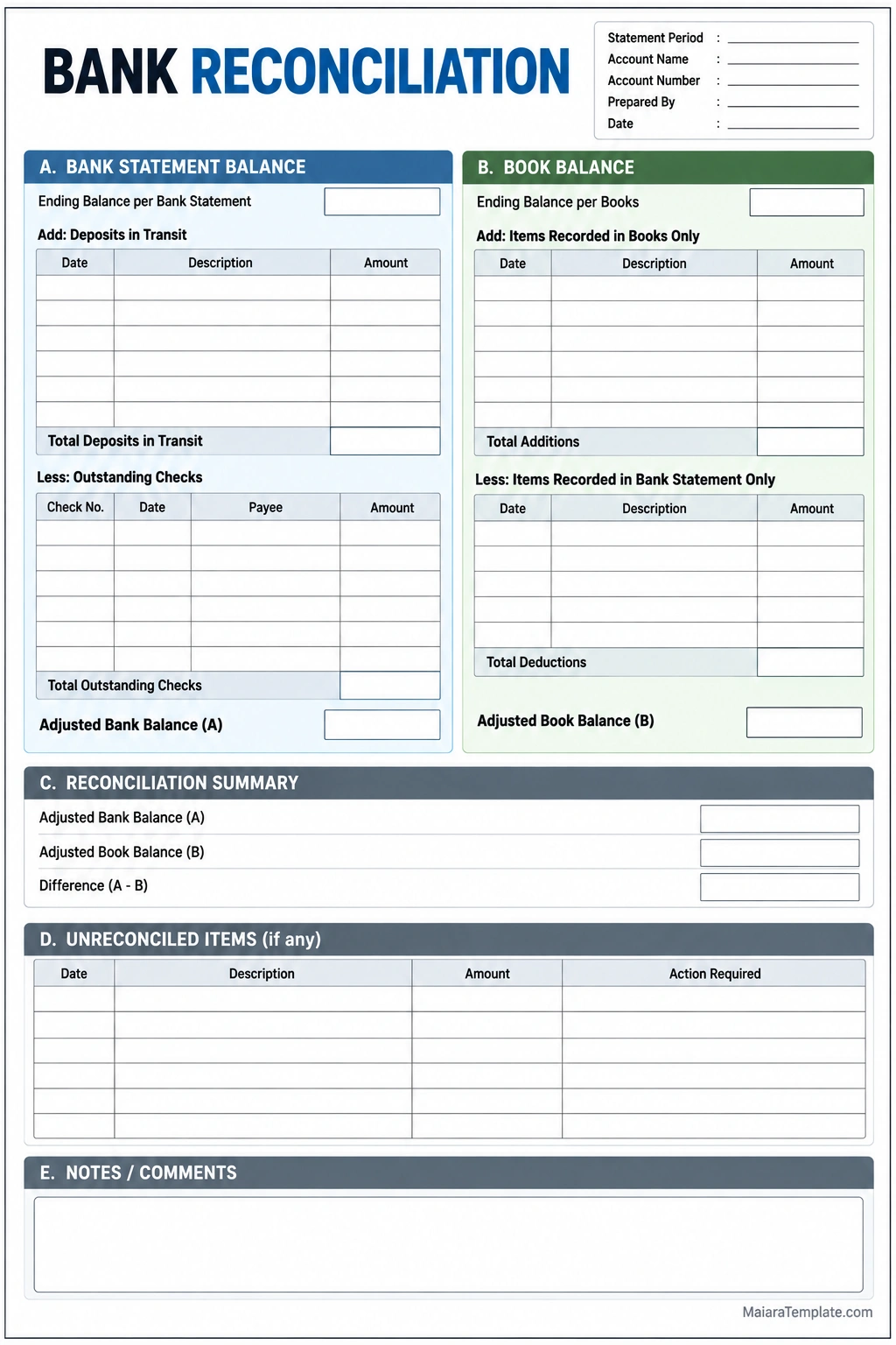 Printable bank reconciliation template with bank statement balance, book balance, deposits in transit, outstanding checks, reconciliation summary, and unreconciled items