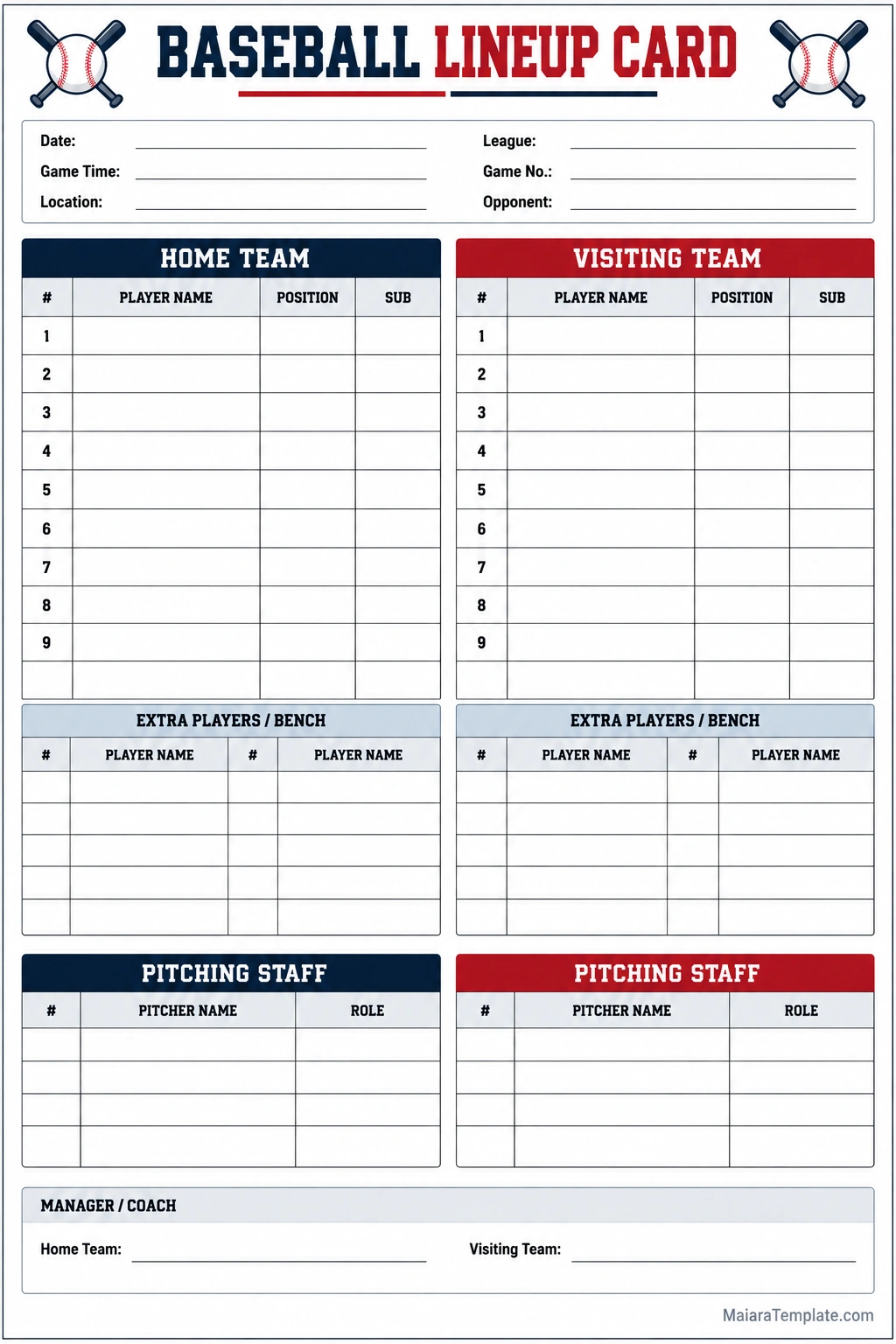 Printable baseball lineup card template with home and visiting team batting orders, player names, defensive positions, substitutes, pitching staff, and game details