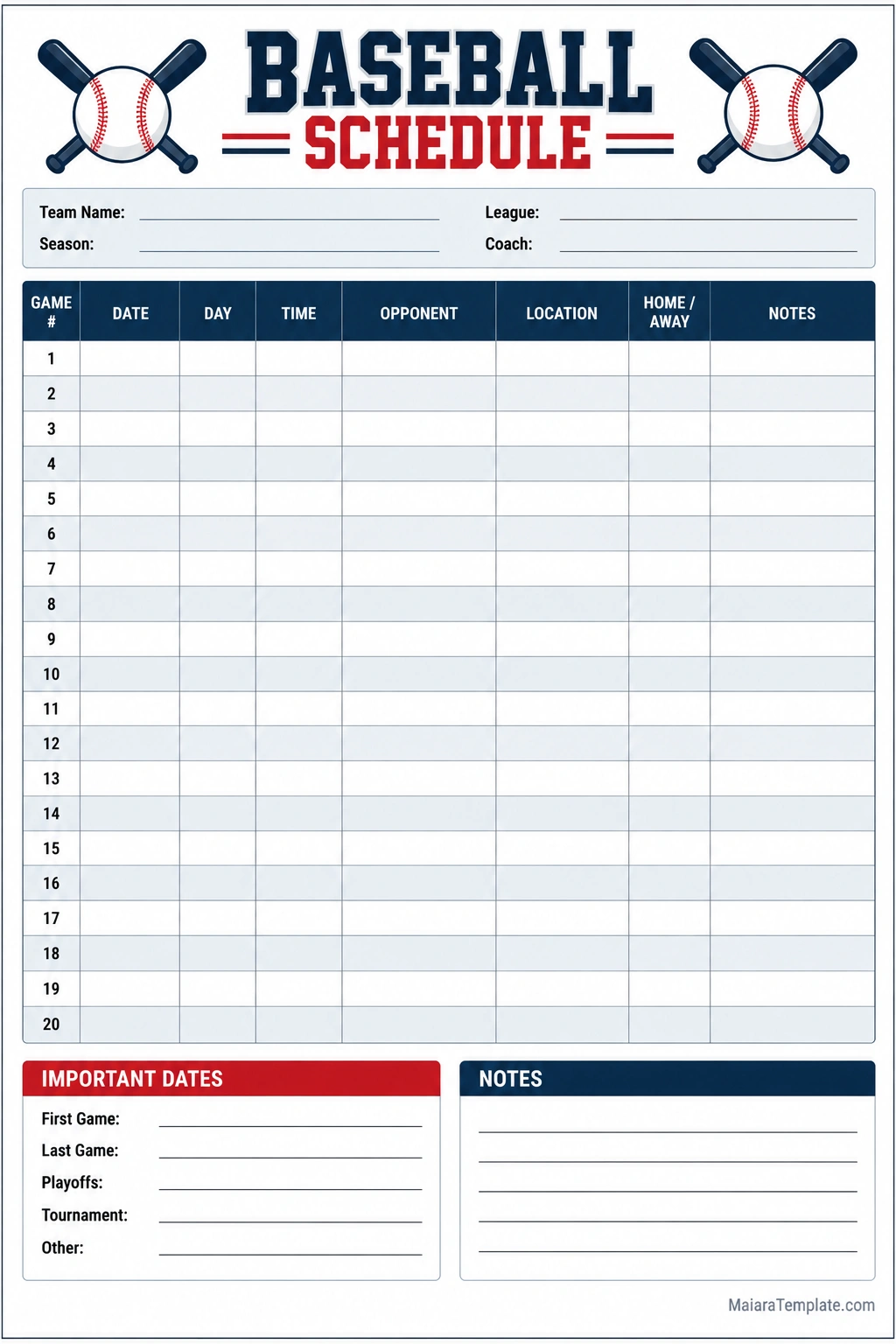 Baseball Schedule Template Printable baseball schedule template with team and season details, game dates, times, opponents, locations, home and away status, important dates, and notes