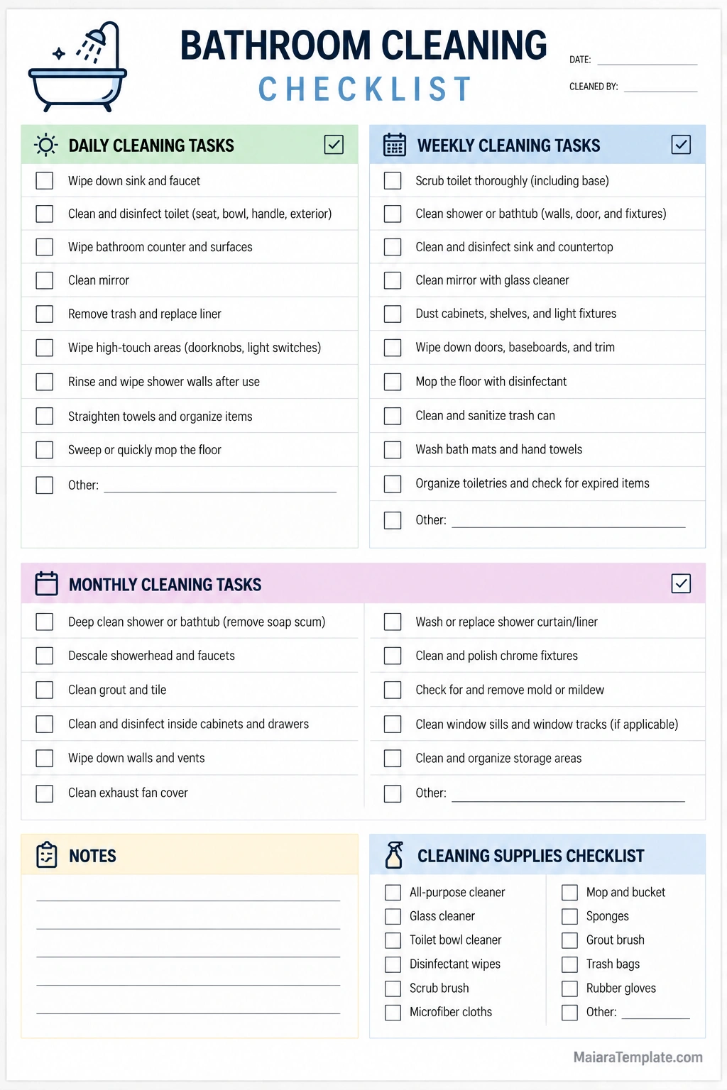 Bathroom Cleaning Checklist Template Printable bathroom cleaning checklist template with daily, weekly, and monthly cleaning tasks, checkboxes, notes, and cleaning supplies list