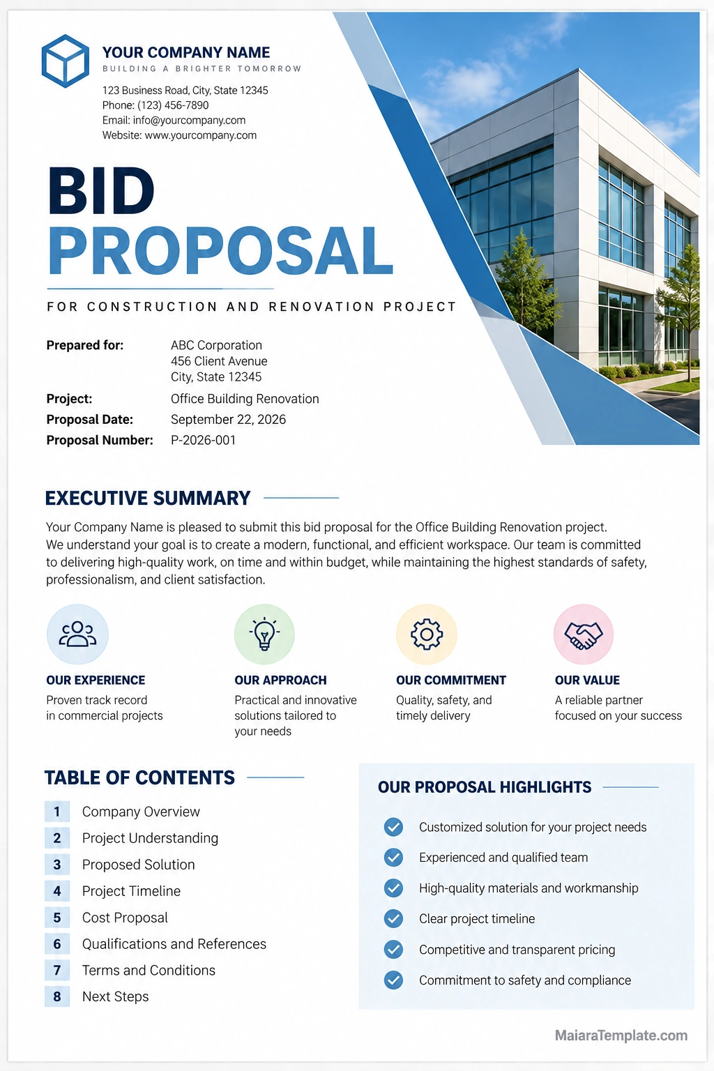 Sample bid proposal document for a construction and renovation project with an executive summary, company qualifications, table of contents, and proposal highlights
