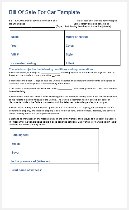 Bill Of Sale For Car Template Bill Of Sale For Car Template