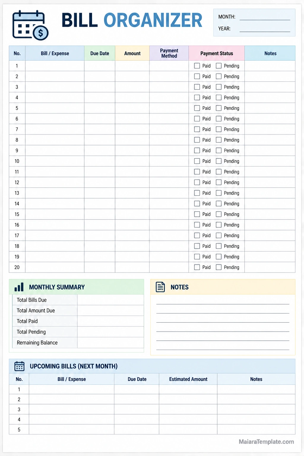Printable bill organizer template with columns for bills, due dates, amounts, payment methods, payment status, monthly summary, notes, and upcoming bills