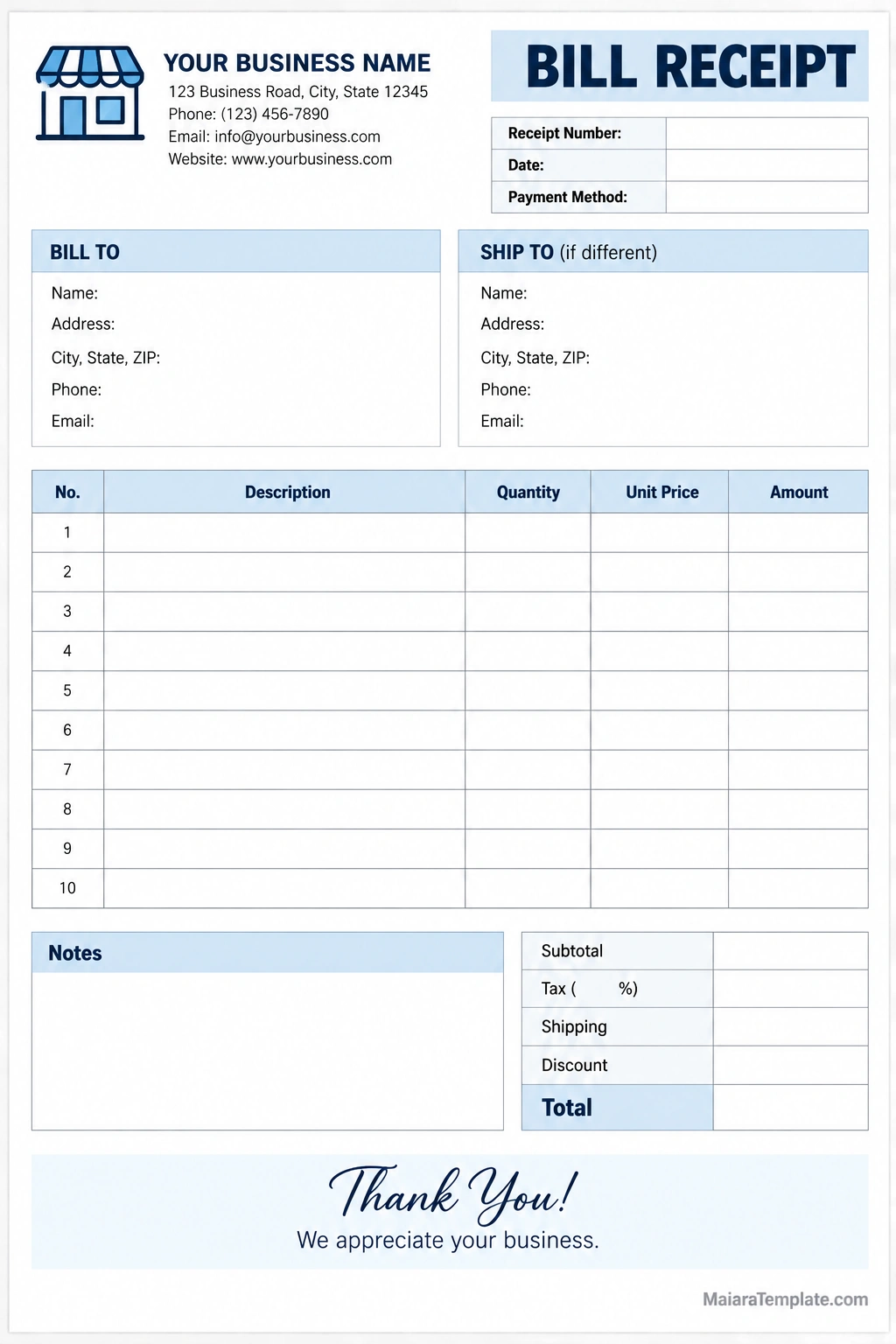 Bill Receipt Template Printable bill receipt template with business details, receipt number, transaction date, customer information, itemized purchase table, payment method, notes, and total amount