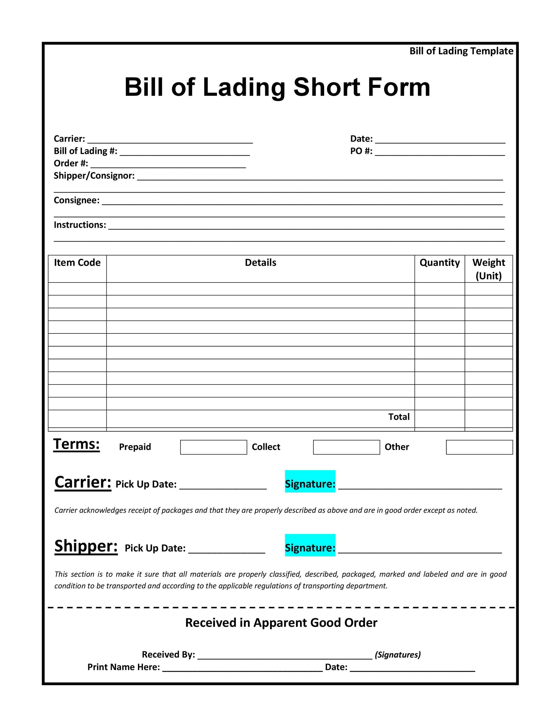 Bill of Lading Form Example Bill of Lading Form Example