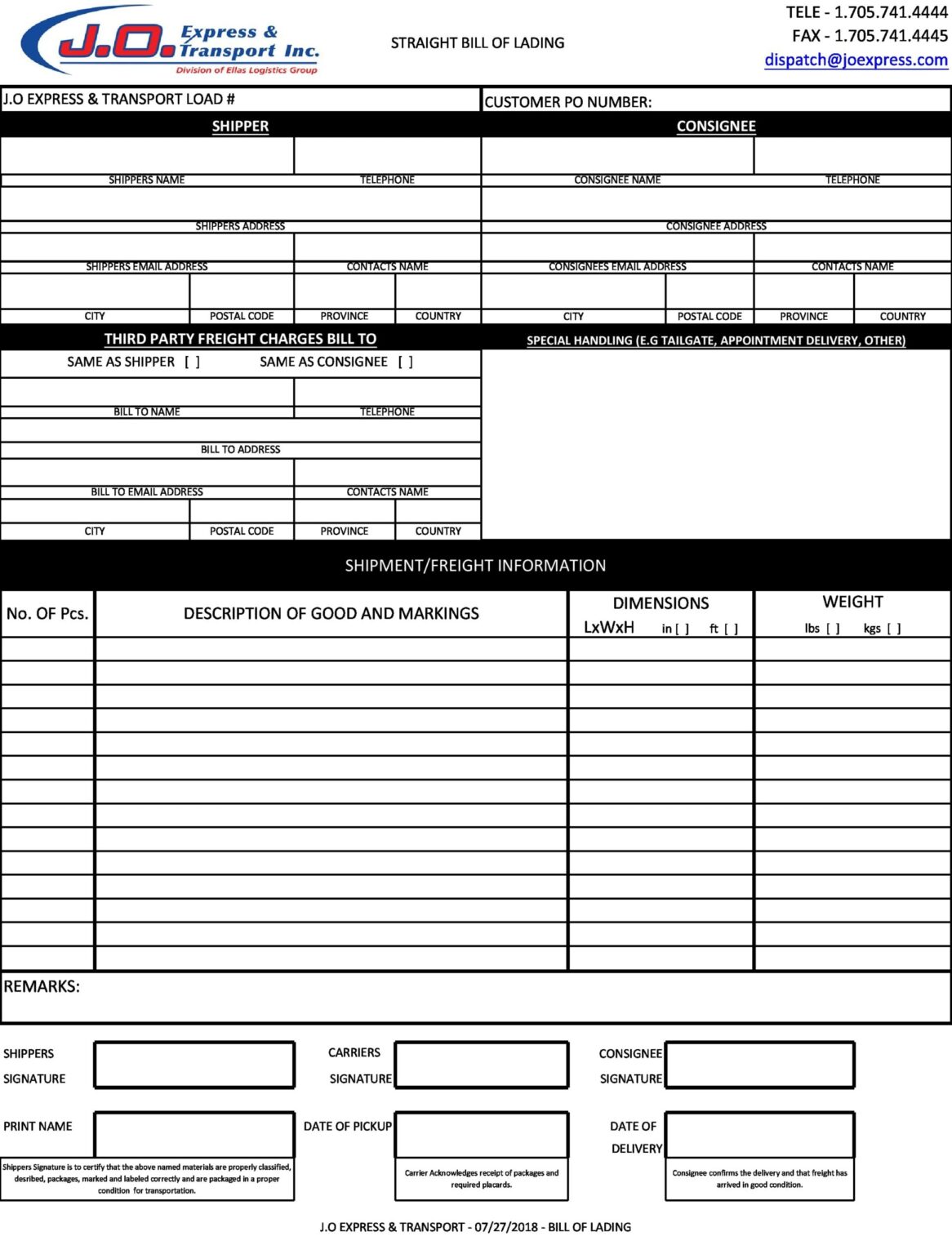 Free Printable Generic Bill of Lading Form