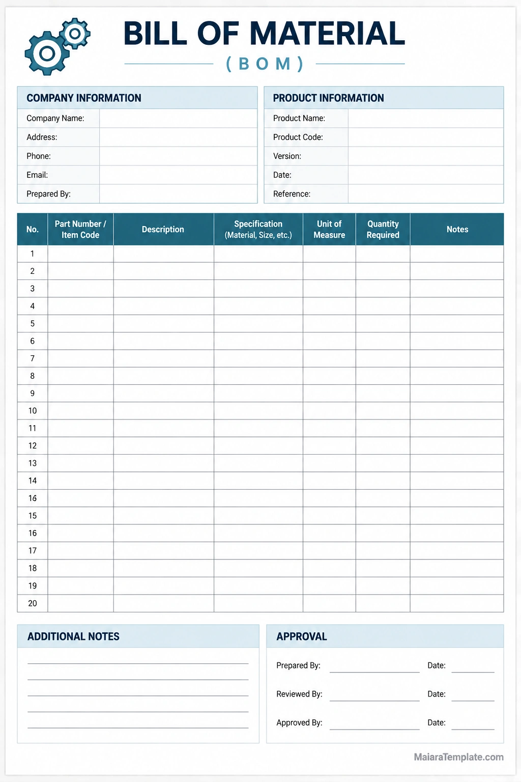 Bill of Material Template Printable bill of material template with company and product information, component descriptions, part numbers, specifications, required quantities, notes, and approval fields