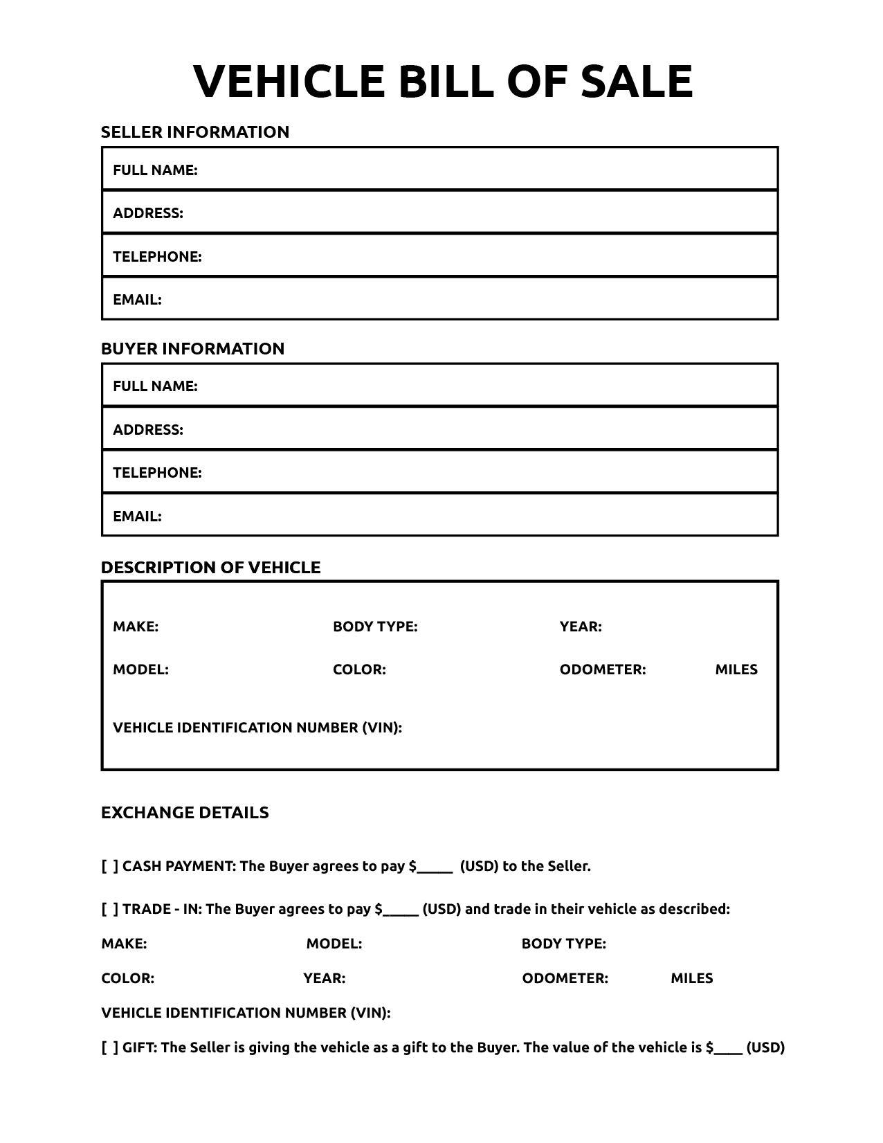 Bill of Sale for Car Template Sample