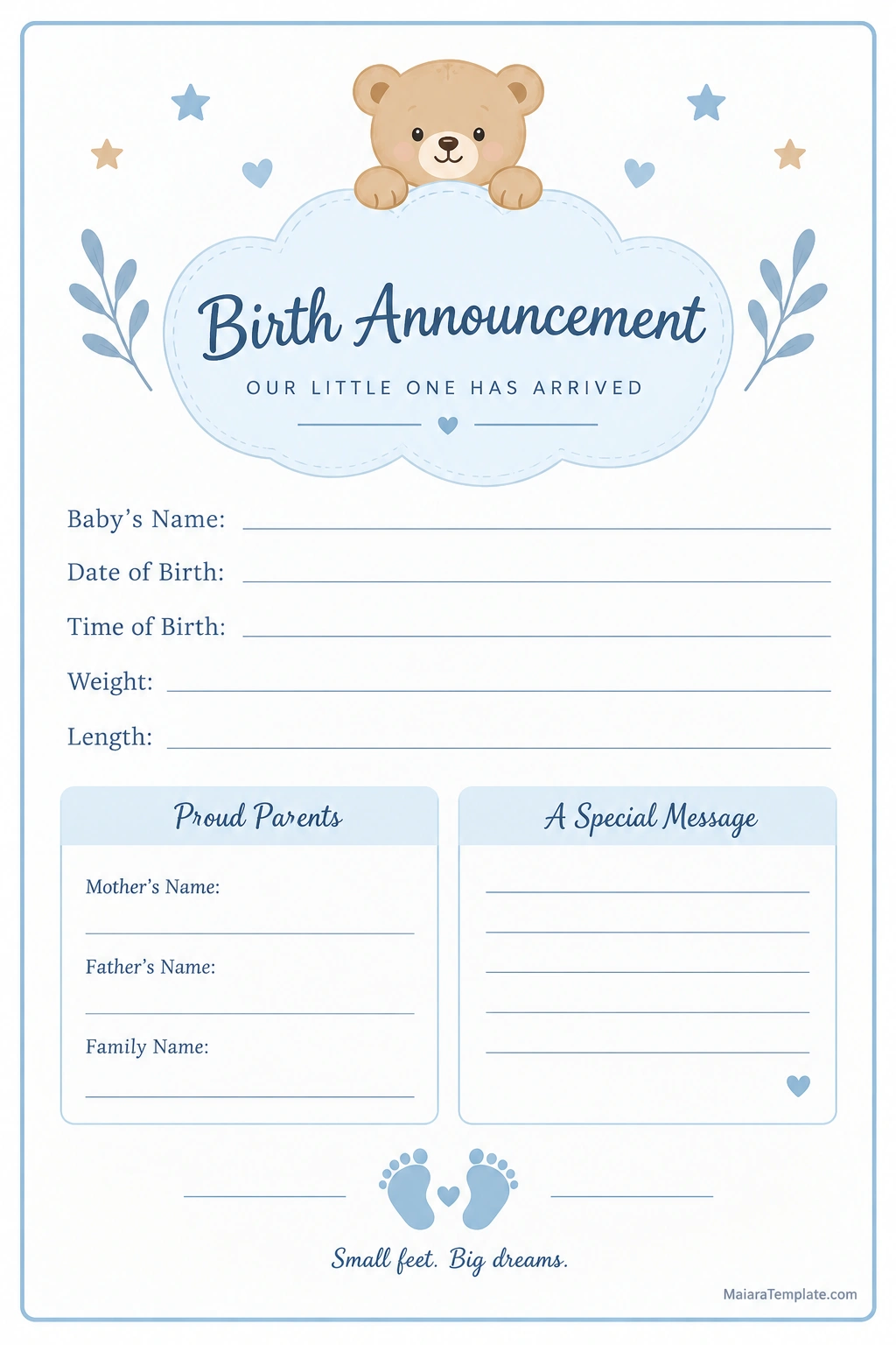 Birth Announcement Card Printable birth announcement card template with a clean design for a newborn's name, birth date, birth details, and a personalized message