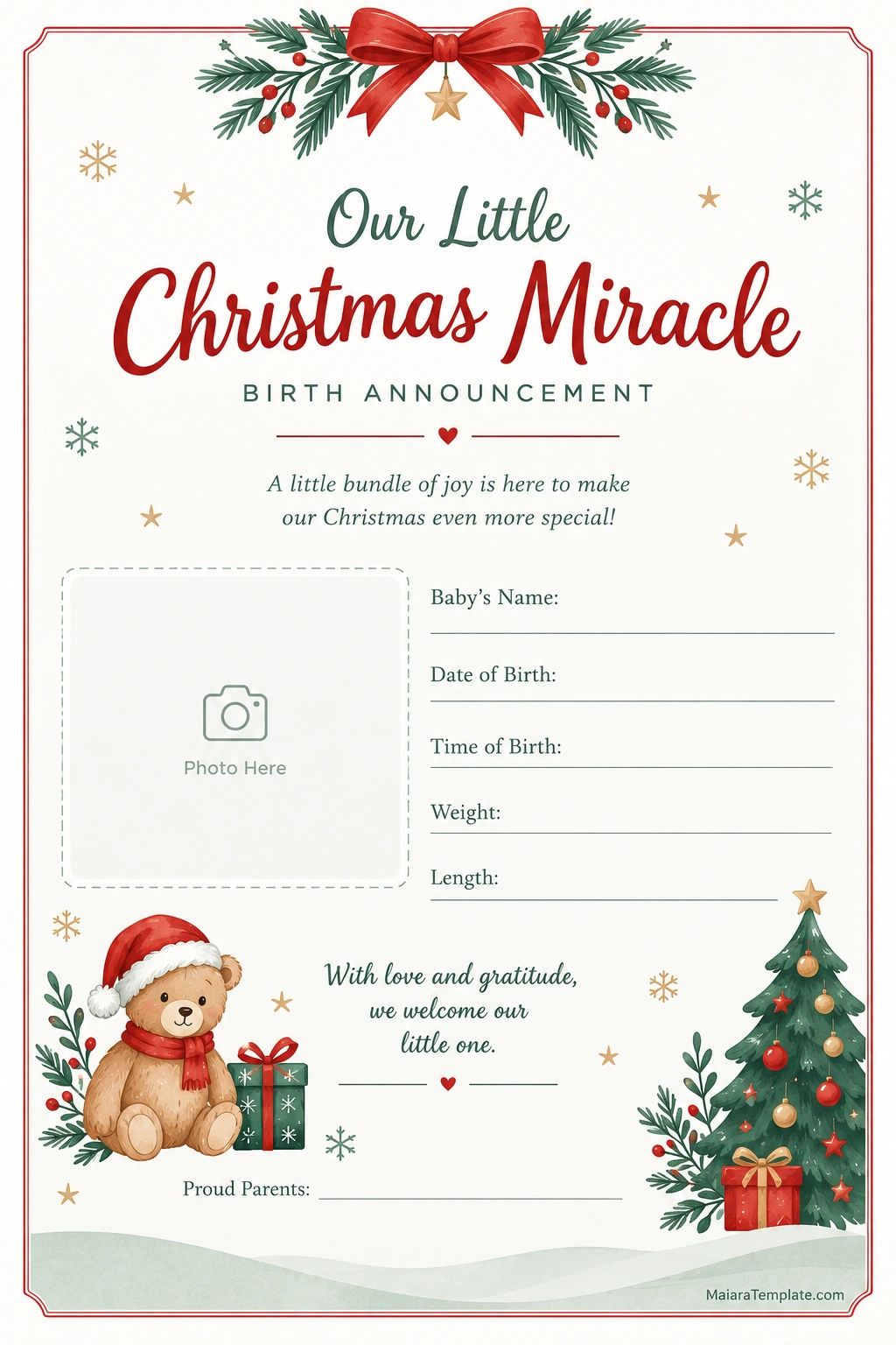 Birth Announcement on Christmas Card Printable birth announcement on Christmas card template with a baby photo space, birth details, festive greenery, and holiday decorations