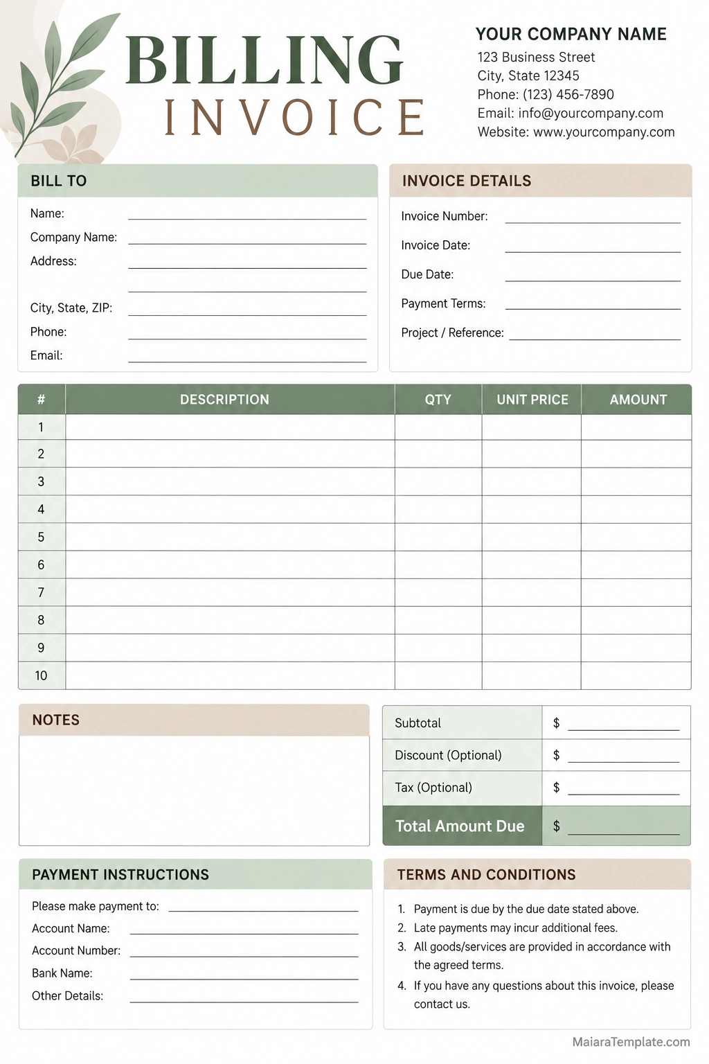 Blank Billing Invoice Template with Customer Details, Itemized Charges, and Total Amount Due