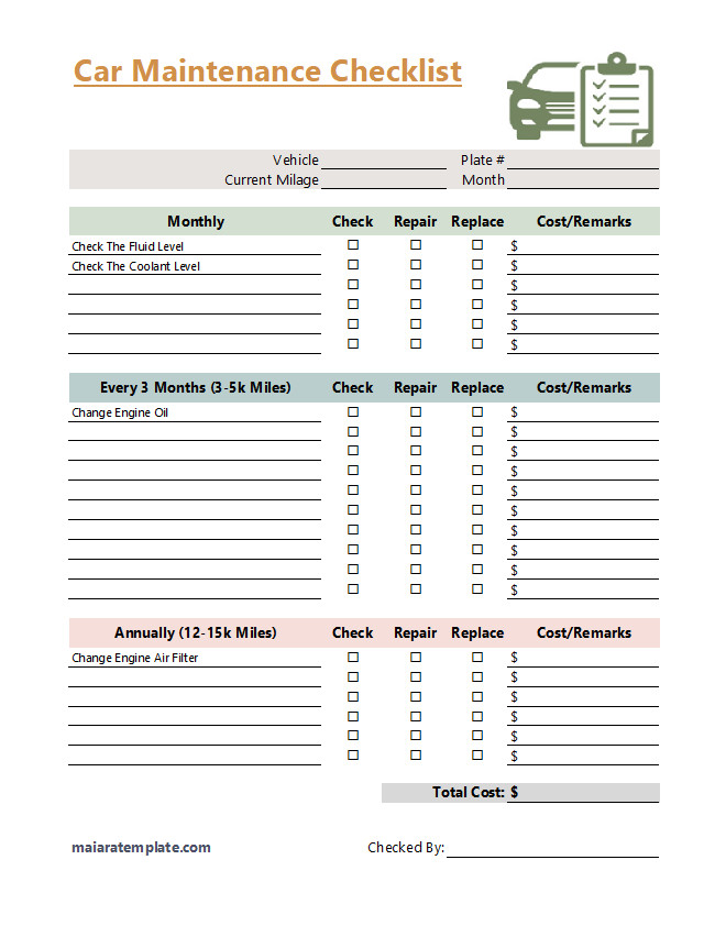 Printable Car Maintenance Checklist Template