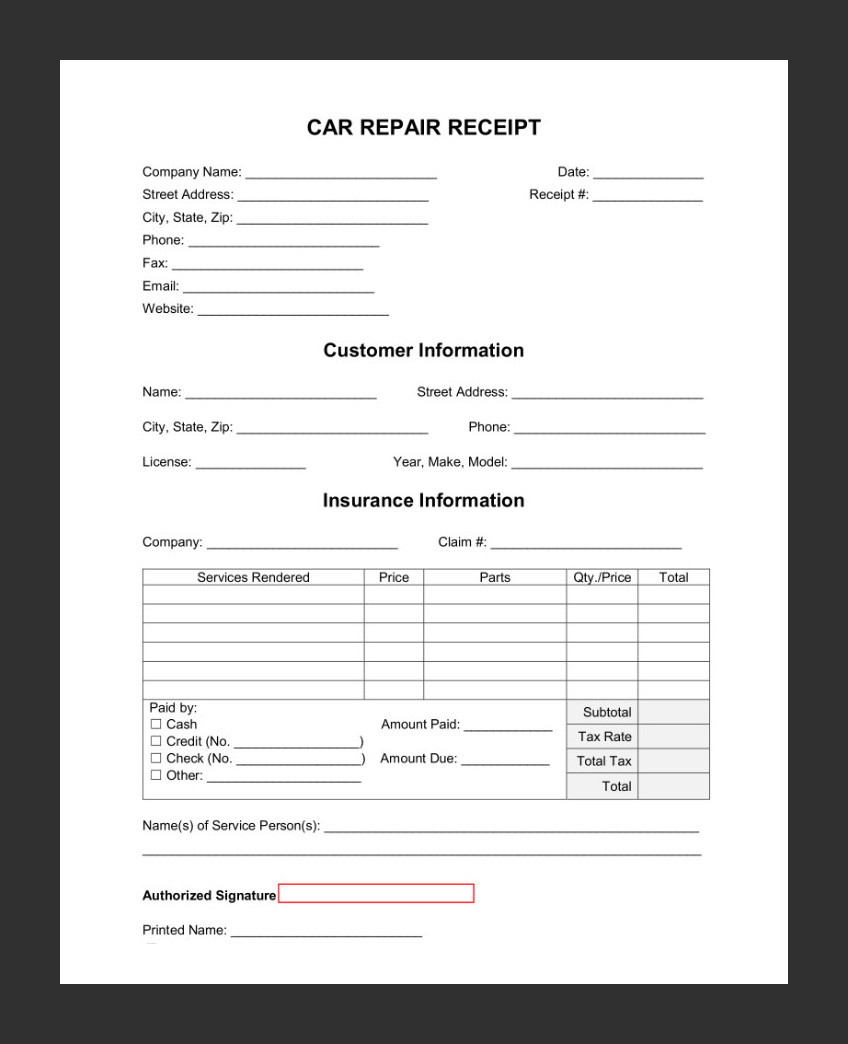 Car Repair Receipt Template Sample Car Repair Receipt Template Sample