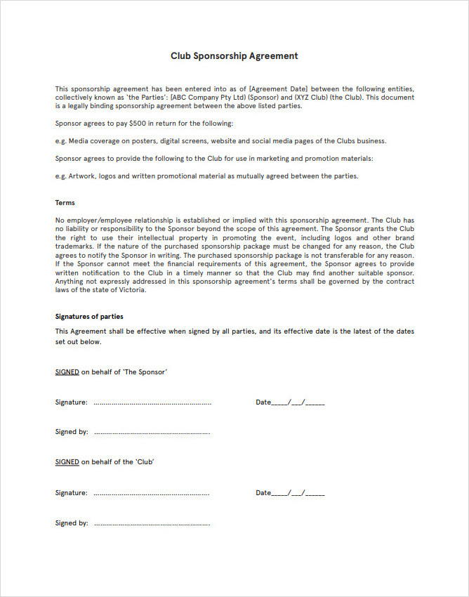 Club Sponsorship Agreement Template Club Sponsorship Agreement Template