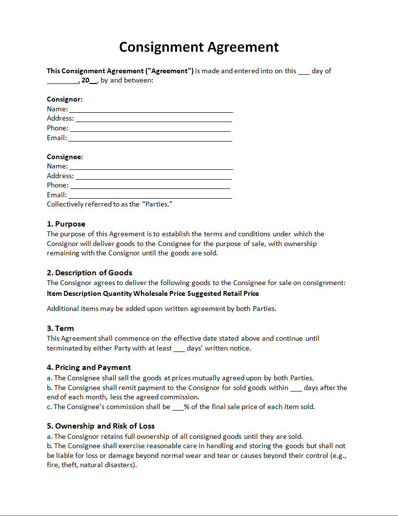 Consignment Agreement Template Consignment Agreement Template