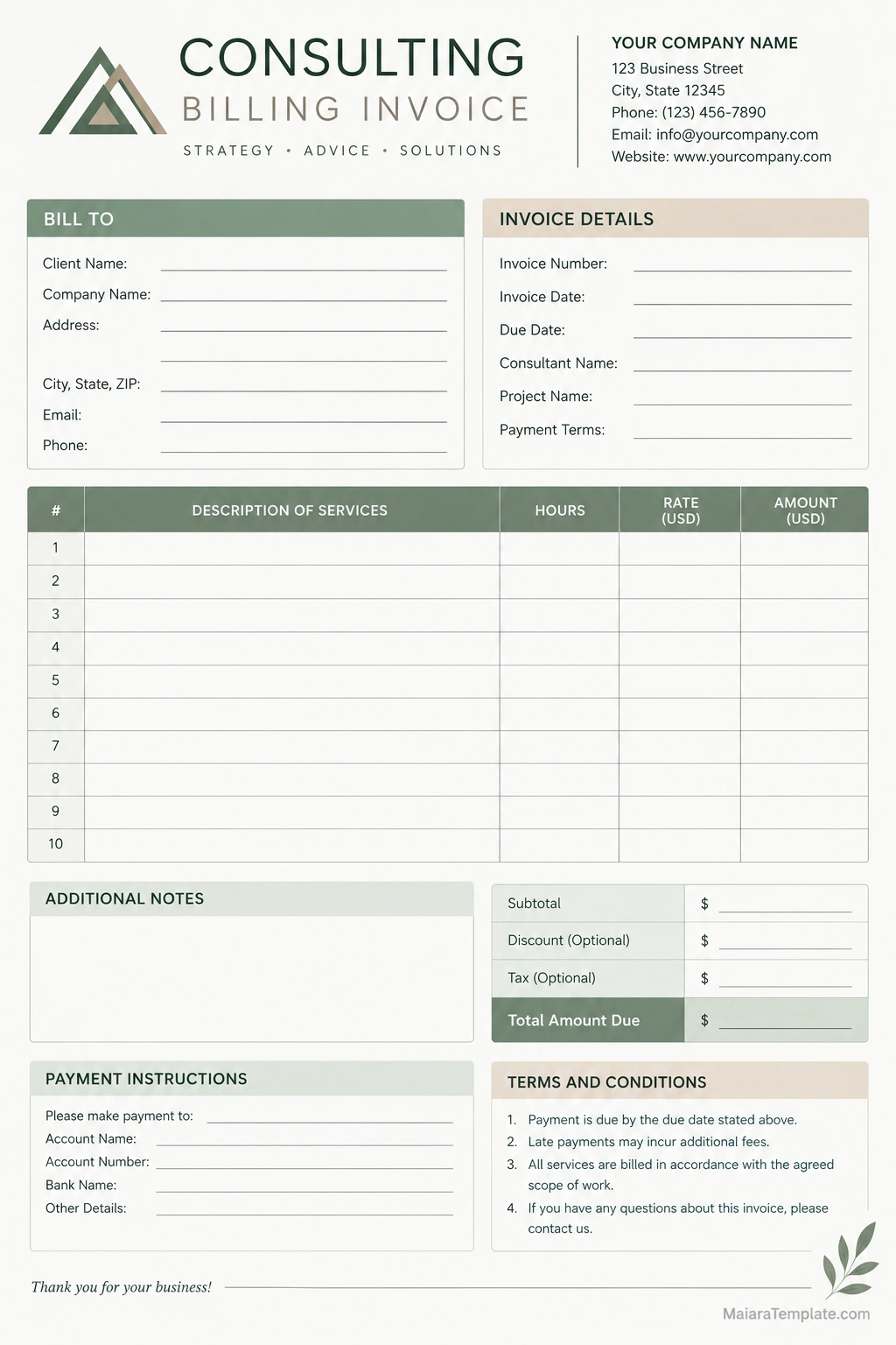 Consulting Billing Invoice Template Printable Consulting Billing Invoice Template With Client Details, Project Information, Consulting Services, Hourly Rates, and Total Amount Due