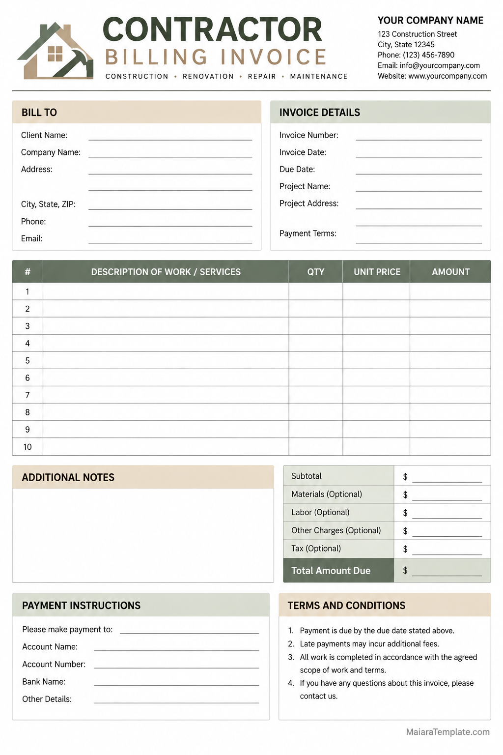 Printable Contractor Billing Invoice Template With Project Details, Labor and Material Charges, Itemized Services, and Total Amount Due