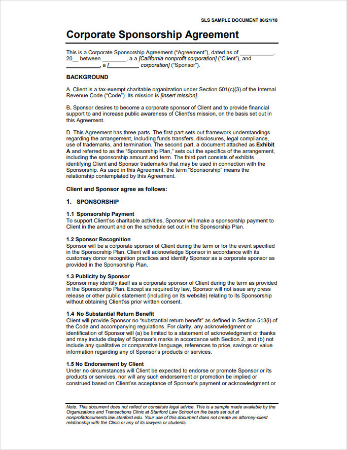 Corporate Sponsor Agreement Template Corporate Sponsor Agreement Template