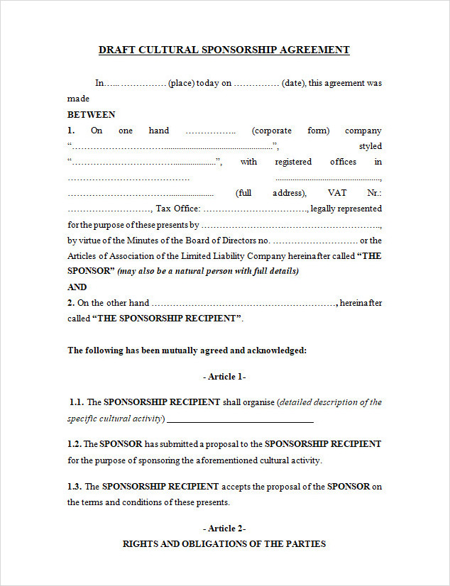 Cultural Sponsorship Agreement Template Word Cultural Sponsorship Agreement Template Word