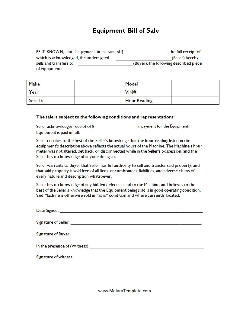 Equipment Bill of Sale Template Word