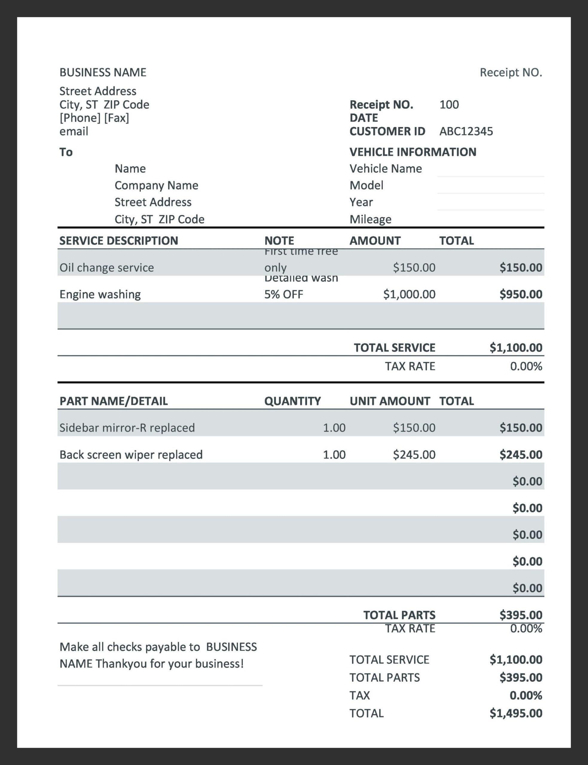 Example Car Repair Receipt Template Example Car Repair Receipt Template