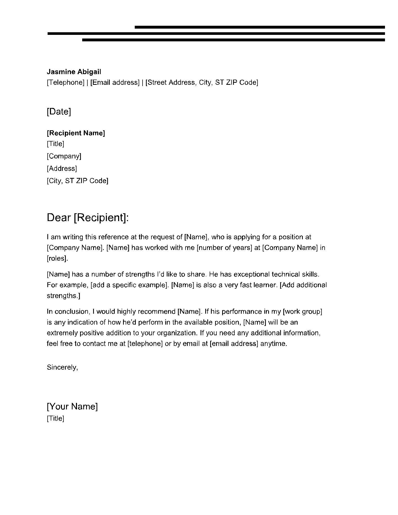 Example Personal Reference Letter Template Example Personal Reference Letter Template