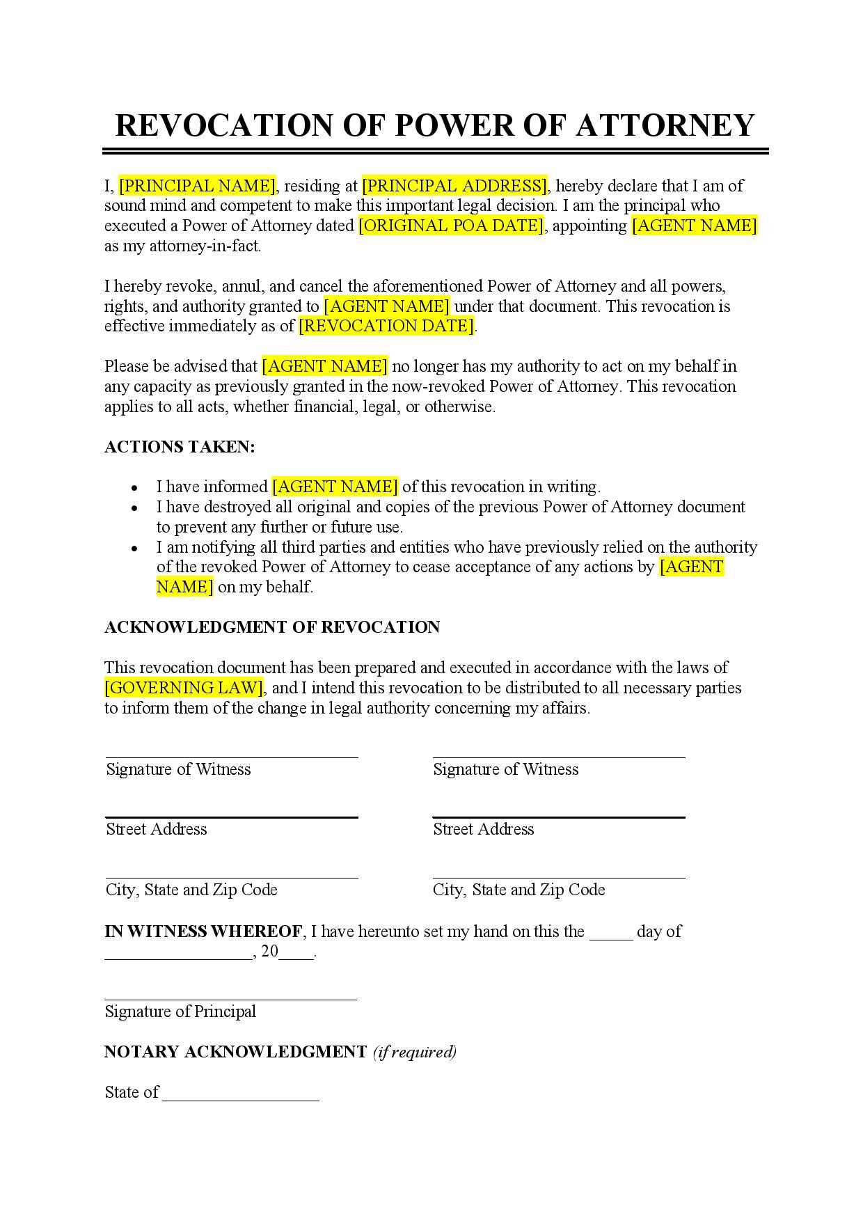 Example Power of Attorney Revocation Form Example Power of Attorney Revocation Form