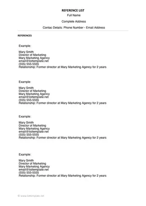 Example Reference List Template Example Reference List Template