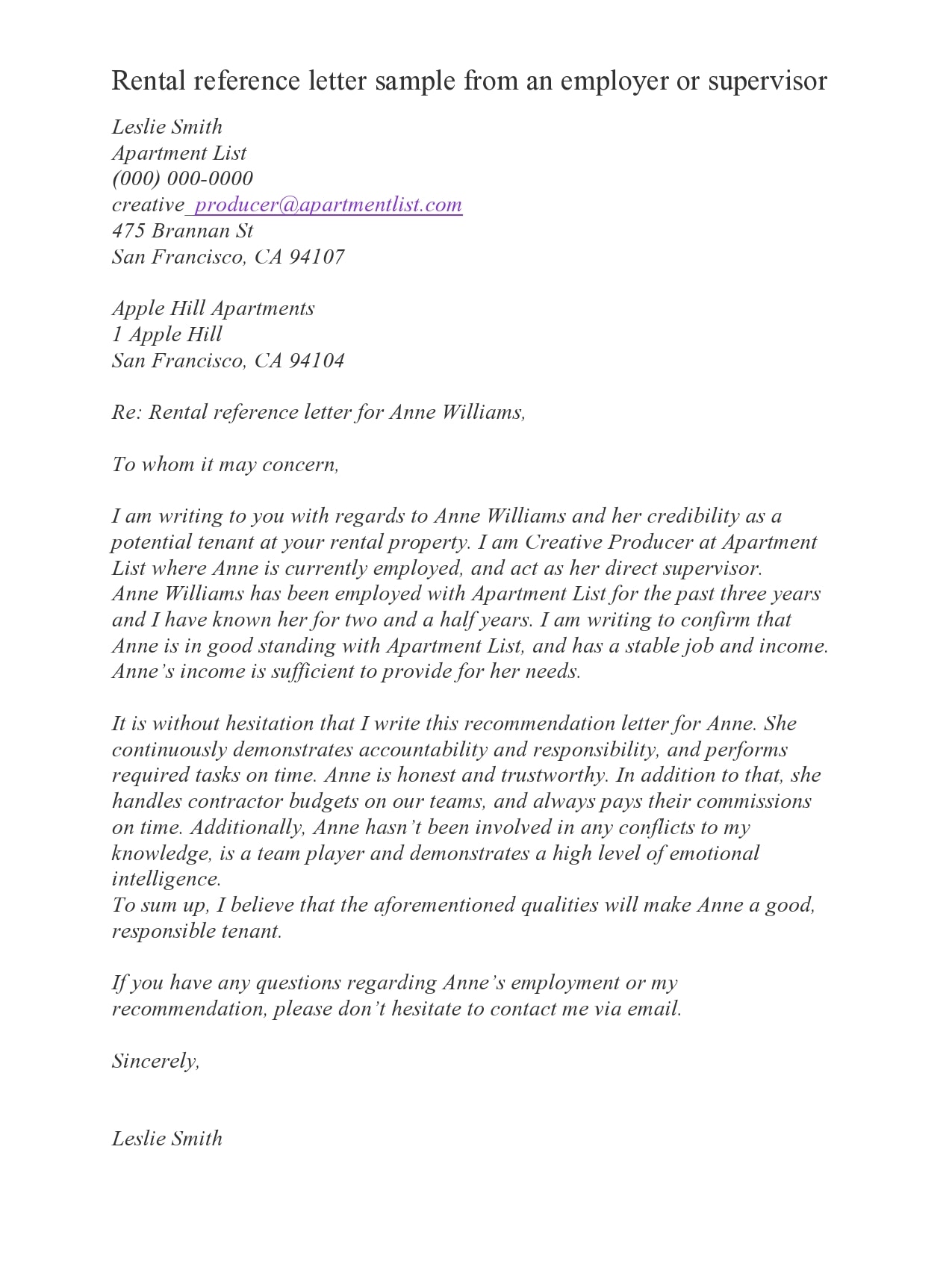 Example Rental Reference Letter Template Example Rental Reference Letter Template