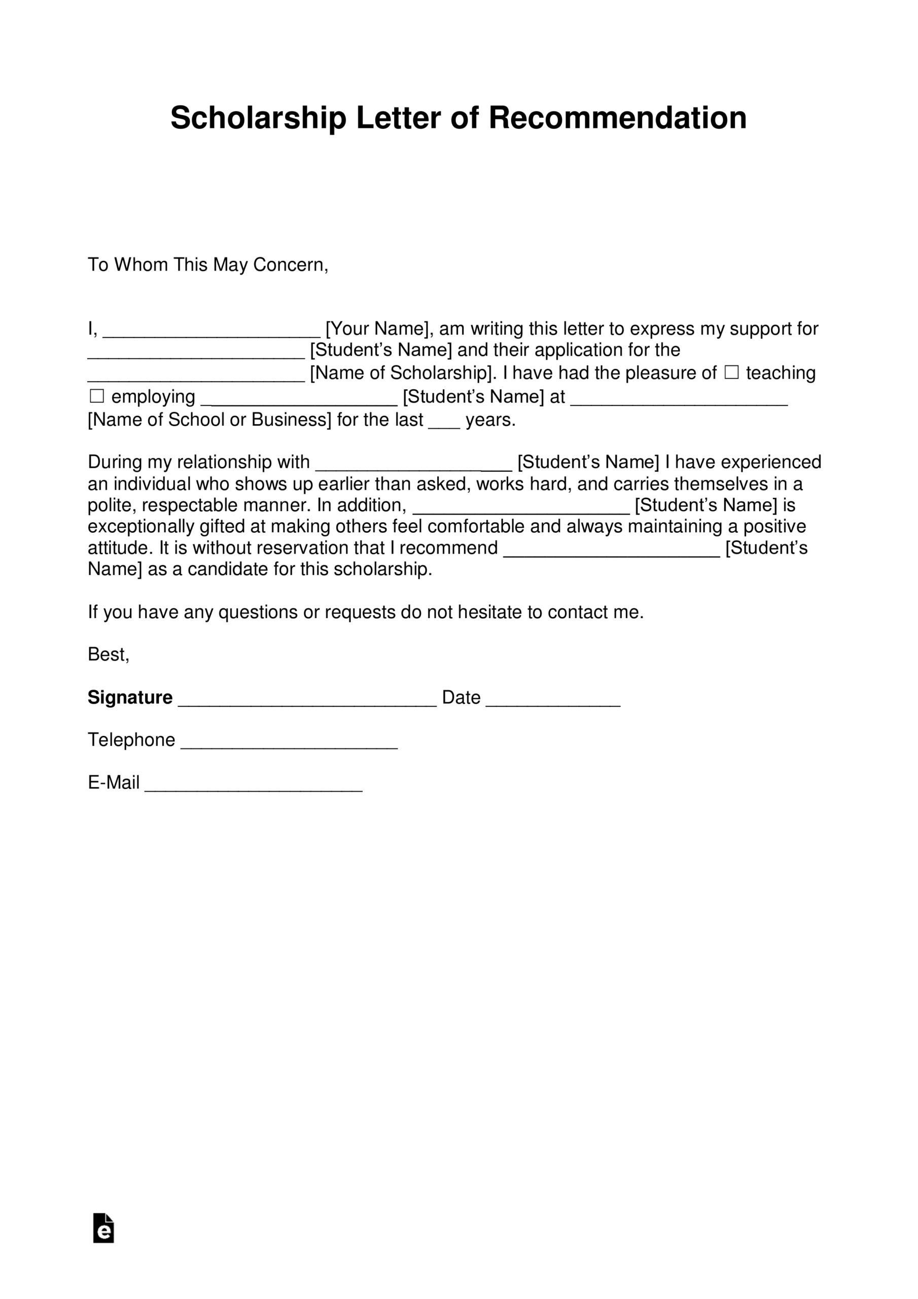 Example Scholarship Recommendation Letter Template Example Scholarship Recommendation Letter Template